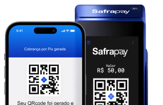 Telas de celular e maquininha SafraPay Pro com QR Code para recebimento via Pix