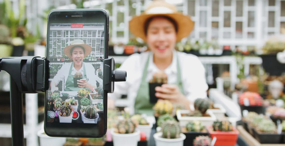 Imagem de uma mulher fazendo uma live para vender mini cactos.