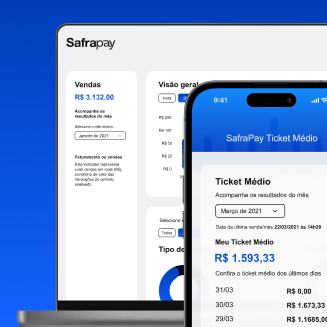Ilustração de exemplo de telas de relatórios de desempenho SafraPay