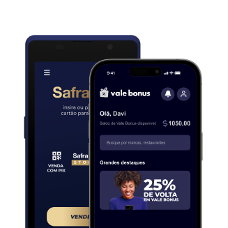 Imagem mostrando maquininha SafraPay e tela de smartphone com o app Vale Bonus